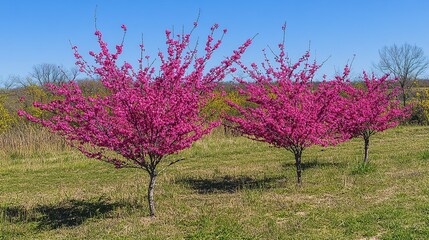Pink flowering trees, field, spring, sunny day, landscape, nursery, growth, nature, vibrant, floral