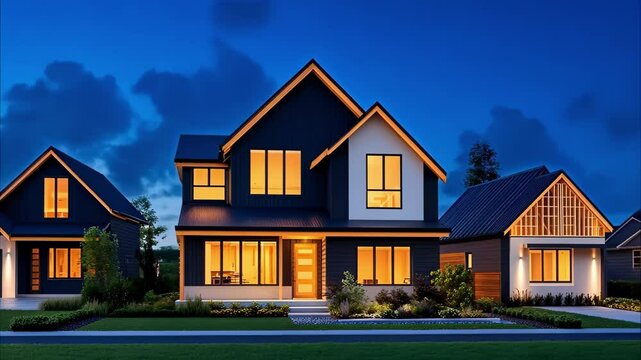 A modern residential neighborhood featuring three houses with varying architectural styles and illuminated windows at dusk.