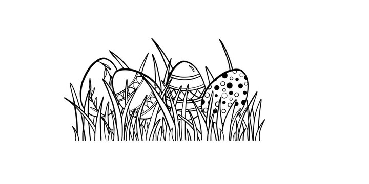 A black and white illustration of Easter eggs with ornaments hidden in the grass. The elements are made in the form of an outline drawing, suitable for coloring or themed projects
