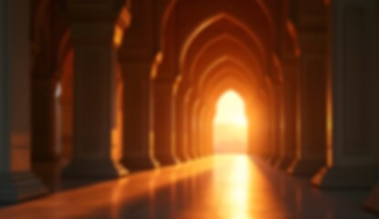 Fototapeta premium Serene close-up of a mosque corridor illuminated by warm sunset light
