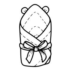 Blanket for discharge of a newborn from the maternity hospital. Hand drawn doodle. Festive cotton envelope for a small baby. Tied with a ribbon bow. Childhood. Vector line art illustration.