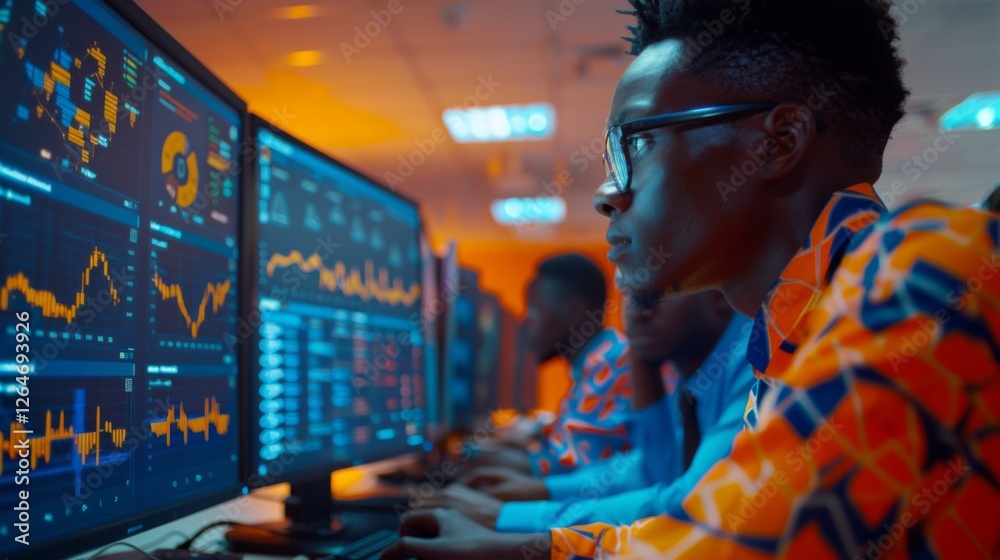 Poster a group of young adults in bright, patterned attire focuses on computer screens filled with financia