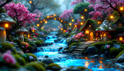 Obraz premium Fantasy forest with mushroom houses landscape