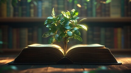Tree Growing from Open Book in Library, A small tree growing from an open book, symbolizing knowledge and growth