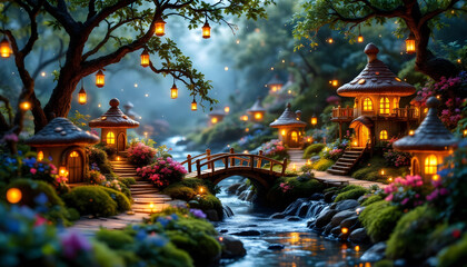 Fototapeta premium Fantasy forest with mushroom houses landscape