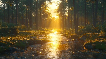 Obraz premium Golden Hour Forest Stream: Sunlight streams through a dense pine forest, illuminating a tranquil stream winding its way through the mossy undergrowth.