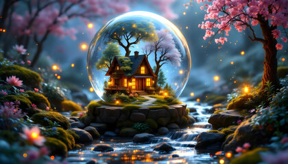 Magical Fantasy Mini Forest Landscape in Night