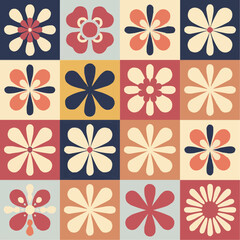 A colorful grid of flower patterns in soft pastels and dark colors, featuring various floral designs in a retro style