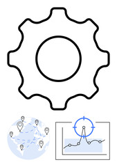 Gear outline symbolizes workflow or systems, globe represents global connections with locations, analytics chart highlights data-tracking trends. Ideal for business, technology, worldwide operations