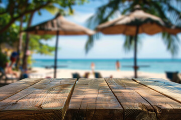 A wooden table with two umbrellas in the tropical beach background, relaxation, vacation, tourism, recreation, travel, and tropical resorts.