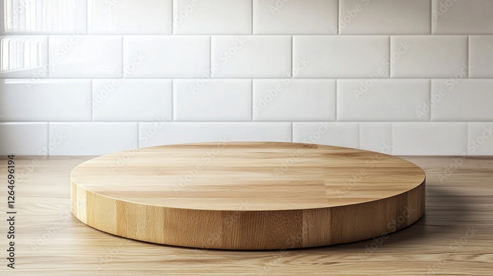 Poster sunlight gently illuminates a simple yet elegant round wooden tabletop, creating a warm ambiance in 