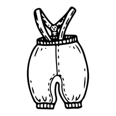 Baby pants with suspenders. Hand drawn doodle. Fabric clothes for newborn legs. Child's wardrobe. Childhood. Vector line art illustration.