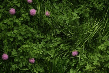 Crab Grass and Clover Weeds in Unkempt Garden Yard with Asteraceae Flora