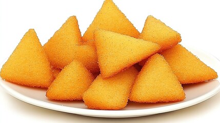 Crispy triangular snacks on plate, studio shot, food photography, recipe