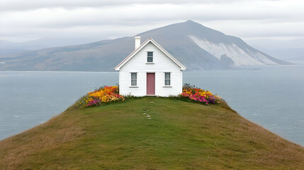 Secluded coastal cottage, flowers, mountain view, tranquility