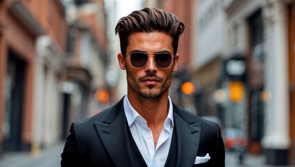 Obraz premium Confident man in black suit and sunglasses walking urban streets