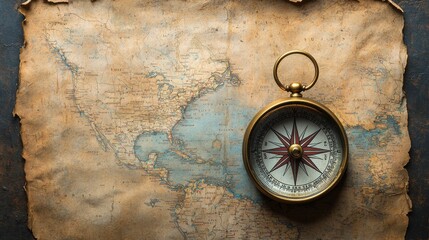 An antique compass rests on a weathered map, evoking a sense of adventure and exploration through time.