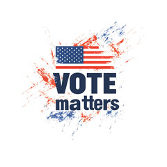 ATM - Logo, minimalist style shape with text VOTE vote matters, American flag in the middle of the letters, isolated on a transparent background.