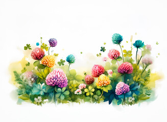 Obraz premium A watercolor floral illustration features a vibrant array of colorful clover flowers and verdant leaves against a clean white backdrop, evoking a fresh and cheerful botanical scene.