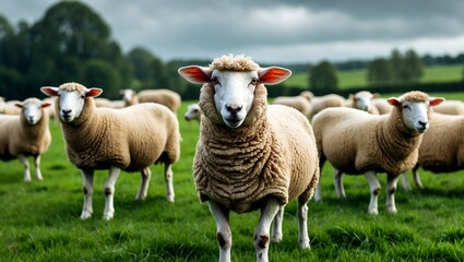 Fototapeta premium Curious sheep amidst lush green field and friends