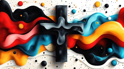 Abstract composition featuring a black cross amidst colorful, flowing shapes and textures