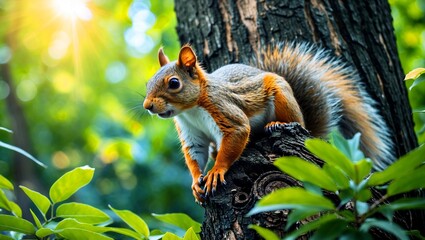 Curious squirrel exploring a tree in lush greenery