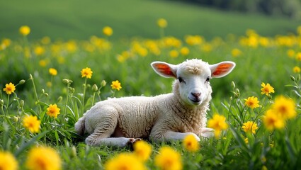 Obraz premium Cute lamb relaxing in a field of yellow flowers