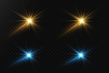 Set of shining stars, flash light effect. On a transparent background.