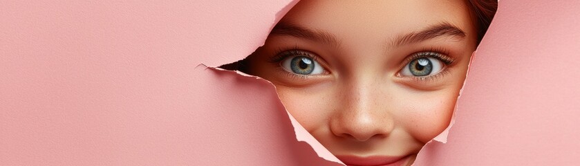 Naklejka premium A young girl peeks through a torn pink background, showcasing bright eyes and a playful expression.