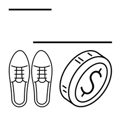 Shoes and coin with dollar sign in a black line art style. Ideal for finance, fashion, savings, investments, shopping habits, personal budgeting, minimalist abstract line flat metaphor