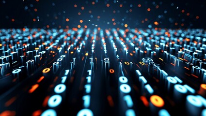 Digital binary code streaming through dark technology background
