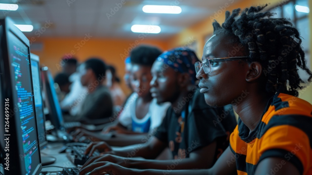 Poster Young adults focus intently on their screens while coding in a lively computer lab setting, showcasing collaboration and learning in the evening light.