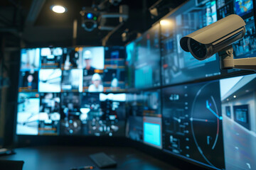 A computer monitor displays a camera view of a room with multiple screens. High-tech security control room. Multiple monitors display surveillance data, a security camera in the foreground.