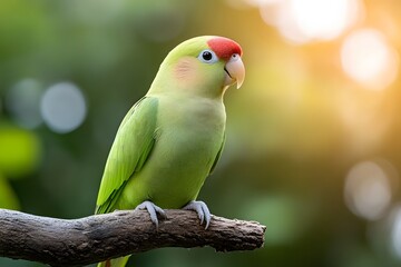 Green parrot perched on branch, sunny foliage background, nature wildlife photo