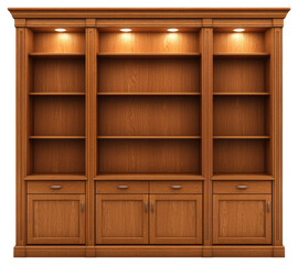 Empty Wooden Bookcase with Adjustable Shelves and Cabinet Doors on Transparent Background