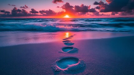 A close-up of golden sand with tiny footprints leading to the water.