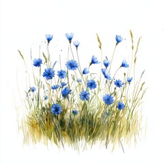 Watercolor painting of a meadow with small blue cornflowers scattered among the grass, on isolated white background