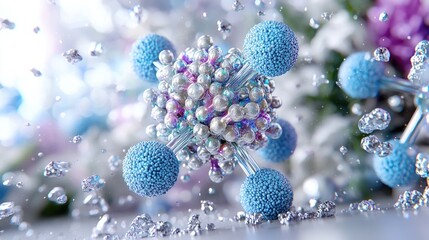 Abstract molecule model, iridescent, floating, close-up, science