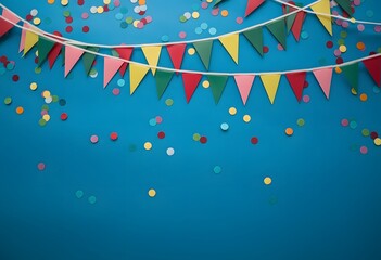 Colorful paper flags and confetti create a cheerful and celebratory atmosphere on a vibrant, deep teal backdrop.