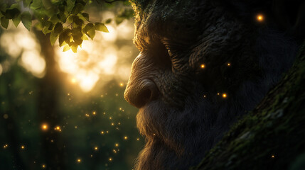 ancient treant stands guard with magical presence in sun drenched forest, embodying wisdom and resilience of nature, emanating serenity