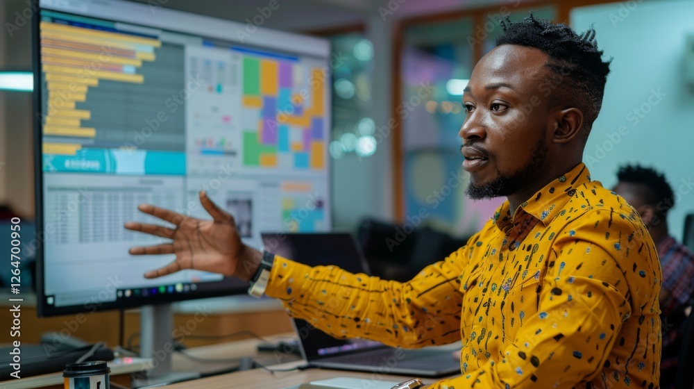 Poster a professional man in a yellow shirt is actively explaining data insights during a team meeting in a