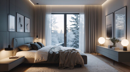 Fototapeta premium Luxurious Scandinavian bedroom with neutral furniture inviting bed stylish mirror elegant lamp and peaceful nature views from the window Modern Interior Design Inspiration