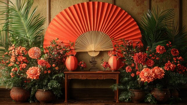 Vibrant floral arrangement with red fan backdrop in a serene indoor setting