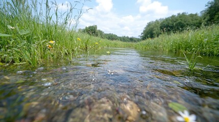 Fototapeta premium Clear water flows gently over a pebbled stream bed in a lush green meadow under a blue sky on a sunny summer day.