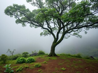 Obraz premium Lush tropical forest in Japan with dense green trees engulfed in fog, creating a serene atmosphere for zen therapy, spa, yoga, and relaxation, spa, freedom, green tree