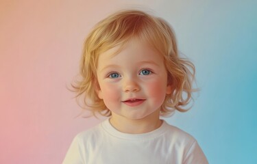 Naklejka premium Gazing with calm blue eyes, a young girl with freckles is framed by a soft pink and blue neon fluorescent gradient, creating a gentle feel.