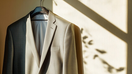 an expensive classic men's suit hangs on a hanger on a hook in the wall
