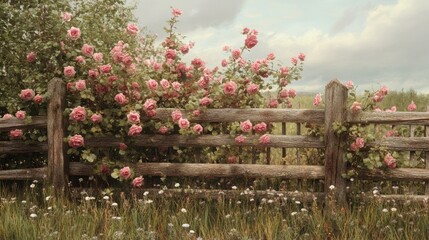 A countryside fence intertwined with blooming wild roses, adding a touch of rustic charm to the peaceful rural scenery.