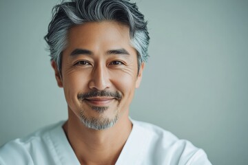 Obraz premium A middle aged Asian man, dressed in work attire, poses against a plain backdrop, reflecting both professionalism and a friendly, everyday style.