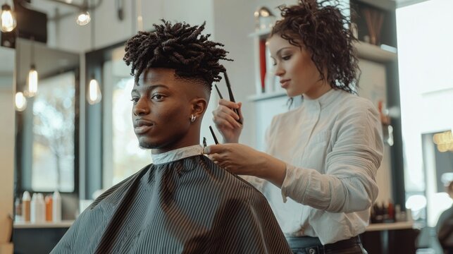 A stylist giving hair care advice to a client with black hair in a modern salon.